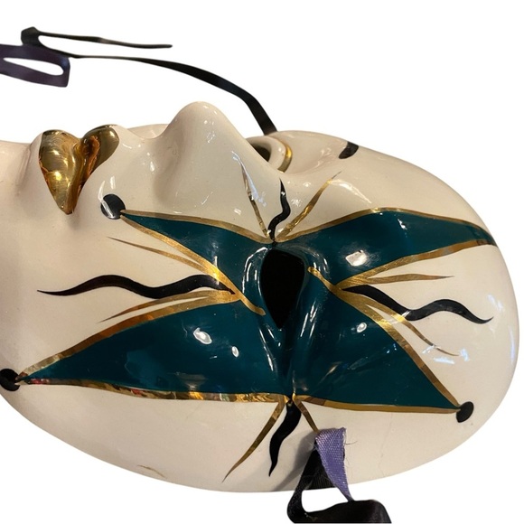 vintage 80s 90s venetian ceramic mask teal black and gold court jester decor - Picture 2 of 8